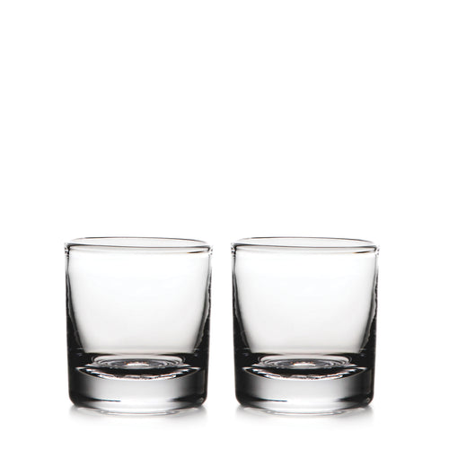 Two clear glass double old-fashioned glasses with thick bases, shown side by side.
