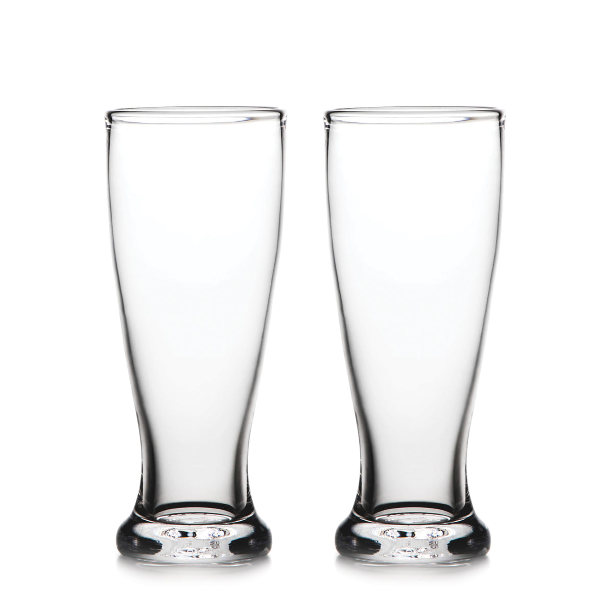 Two clear pilsner glasses with slightly curved sides and thick bases.