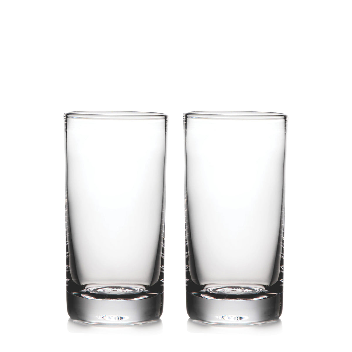 Two clear glass tumblers with thick bases, displayed side by side.