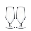 Two clear glass beer glasses with tapered sides and pedestal bases.
