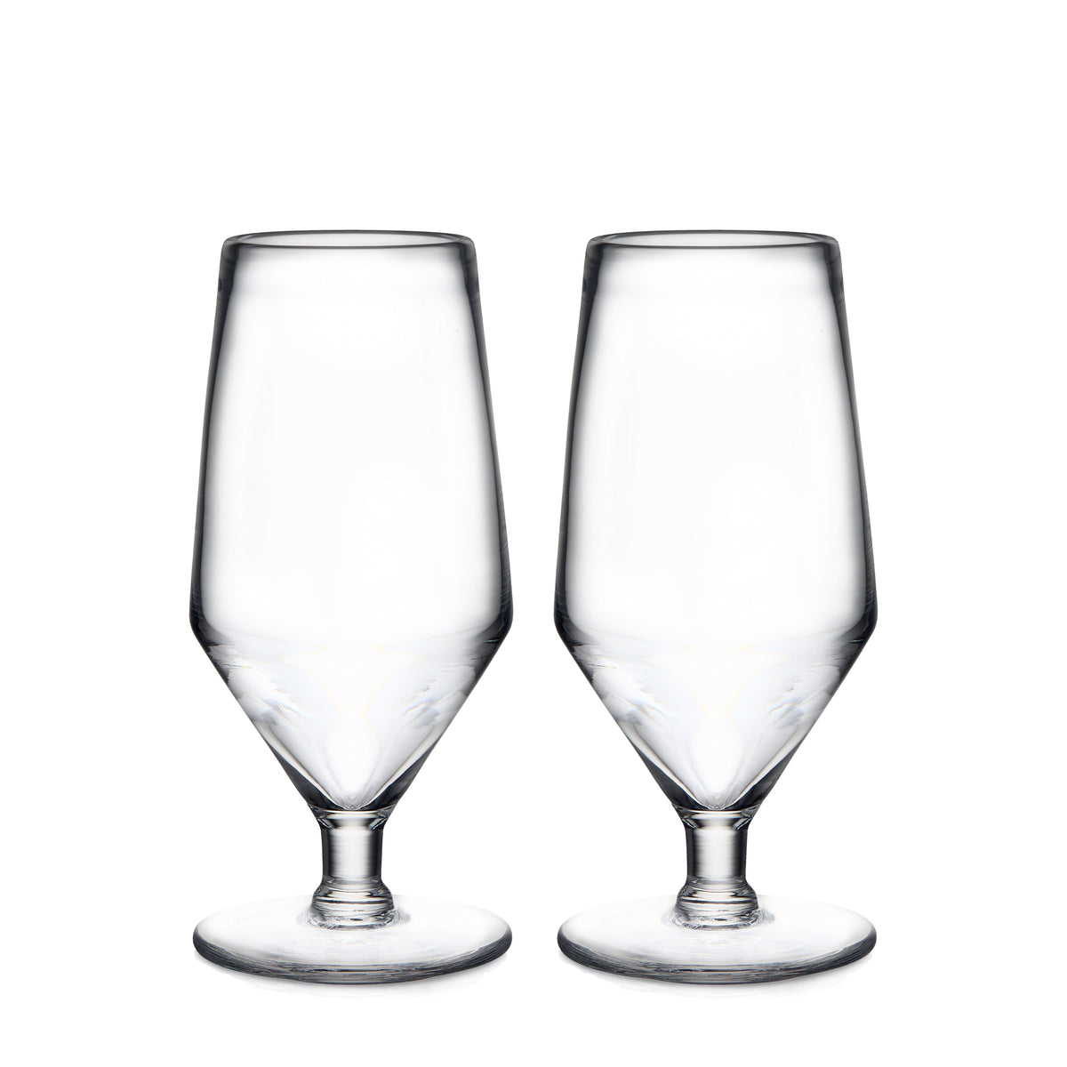 Two clear glass beer glasses with tapered sides and pedestal bases.