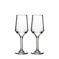 Two clear wine glasses with tapered bowls and stems on a white background.