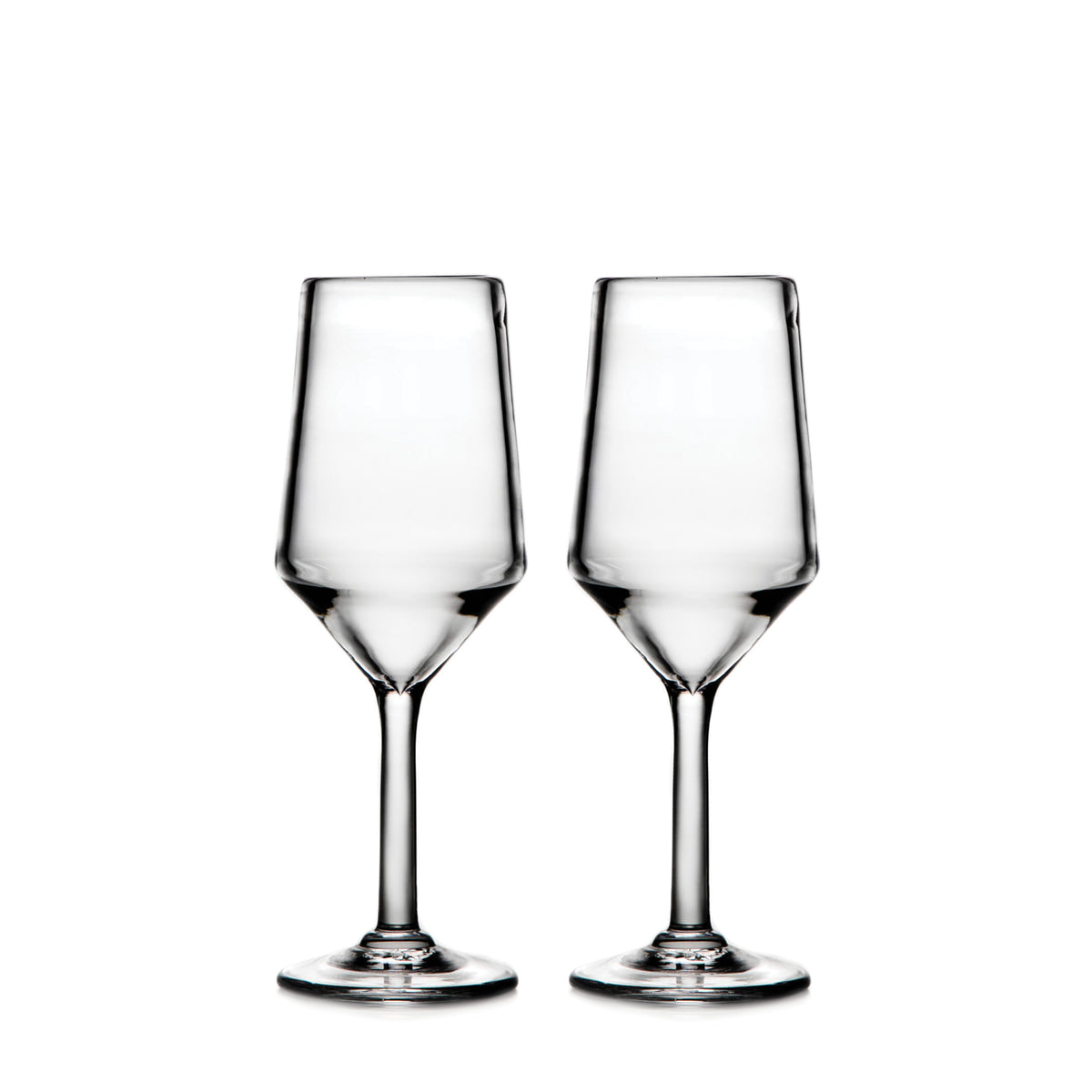 Two clear wine glasses with tapered bowls and stems on a white background.