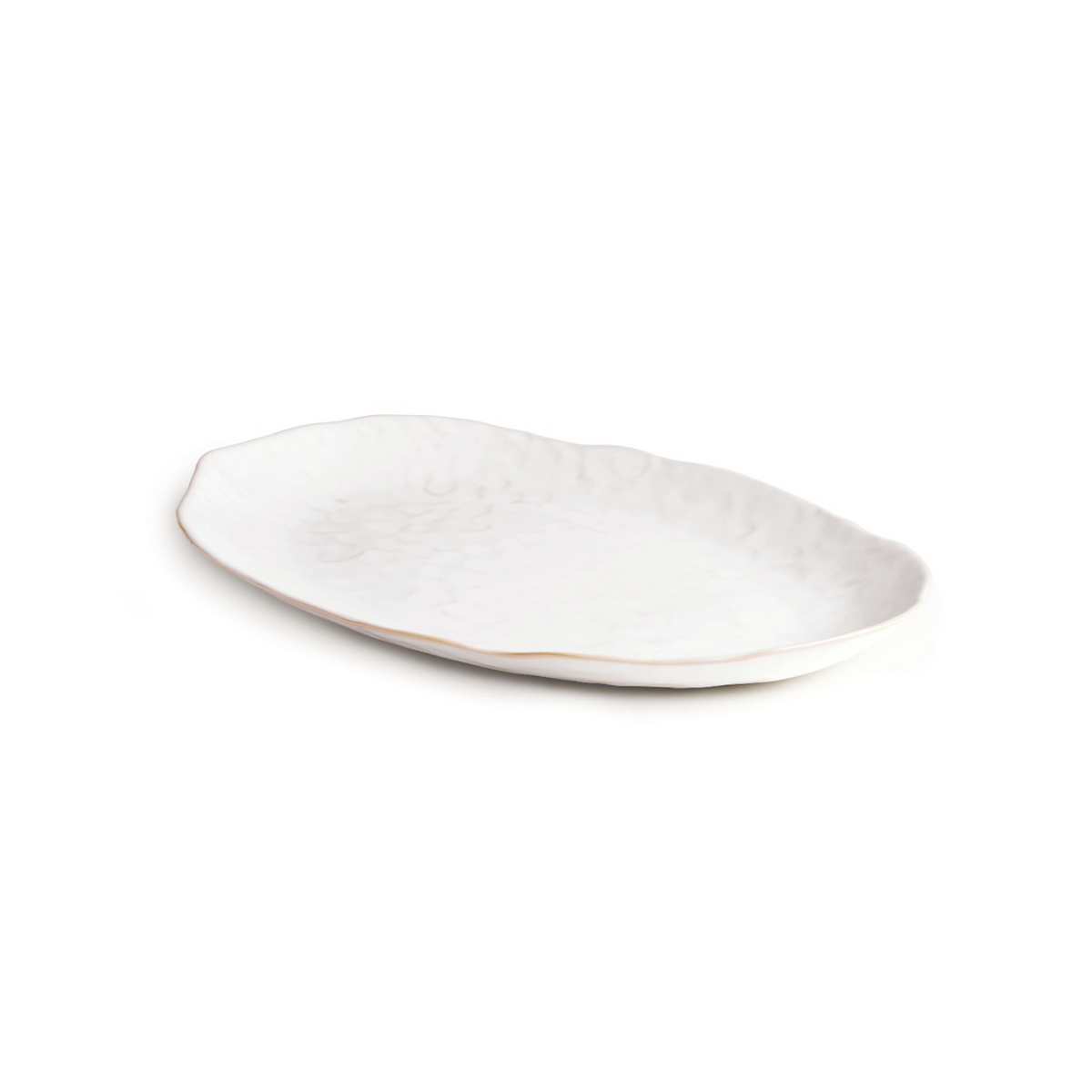 White oval ceramic platter with scalloped edges and natural clay rim detailing.