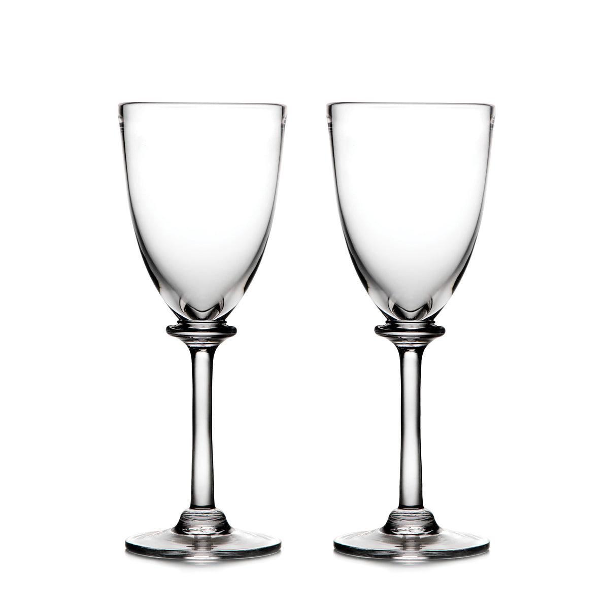 Two clear wine glasses with long stems and rounded bowls on white background.
