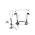 Glass champagne flutes with metal bases and an ice bucket with handles on white background.