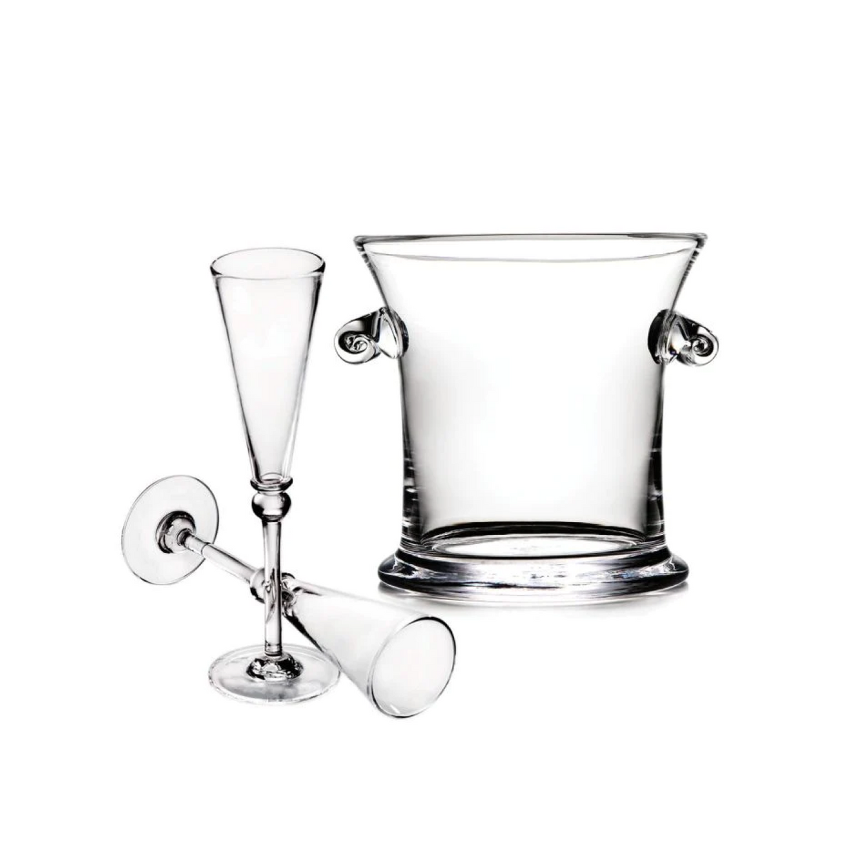 Glass champagne flutes with metal bases and an ice bucket with handles on white background.