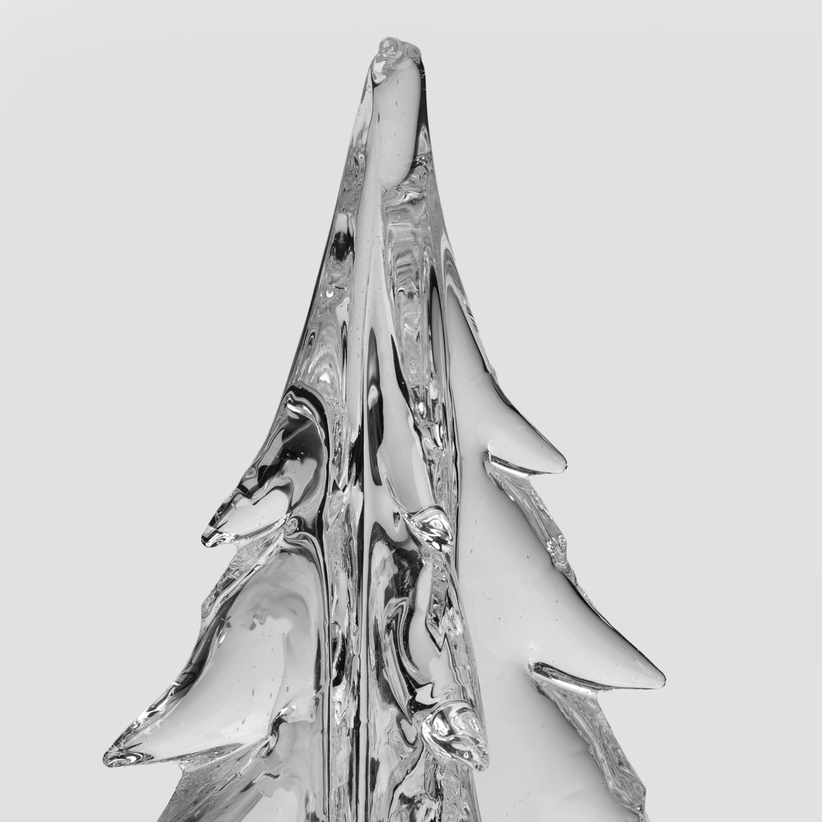 Clear glass four-sided evergreen tree ornament with crackle texture and pointed branches.