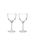 Two clear glass cocktail glasses with rounded bowls and thin stems on circular bases.