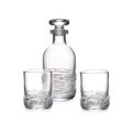 Glass whiskey decanter with stopper and two matching rocks glasses with textured bands.