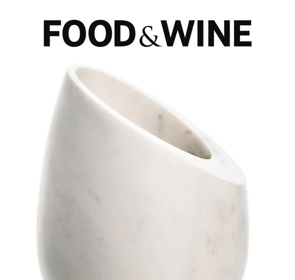 Food & Wine feature: Simon Pearce White Marble Wine Chiller, a smooth asymmetrical white marble vessel photographed on a white background