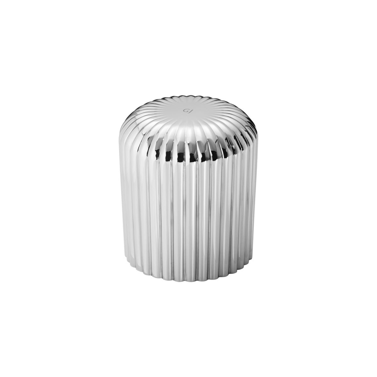 Silver champagne stopper with ribbed cylindrical body and dome top featuring vertical ridges.