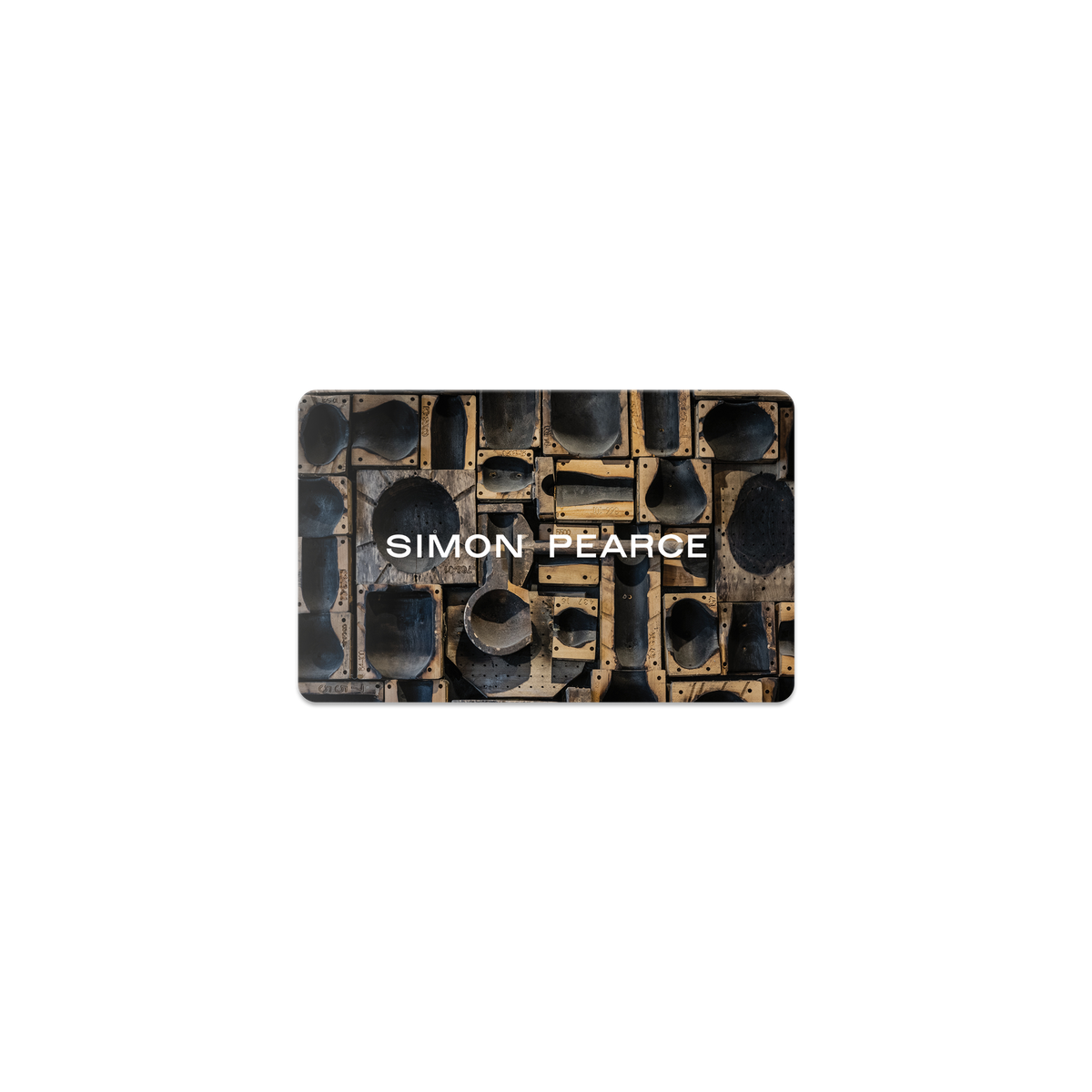 Simon Pearce digital gift card with black and gold geometric pattern design on rectangular card.