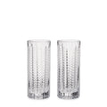 Two clear Collins glasses with vertical textured pattern and heavy base.