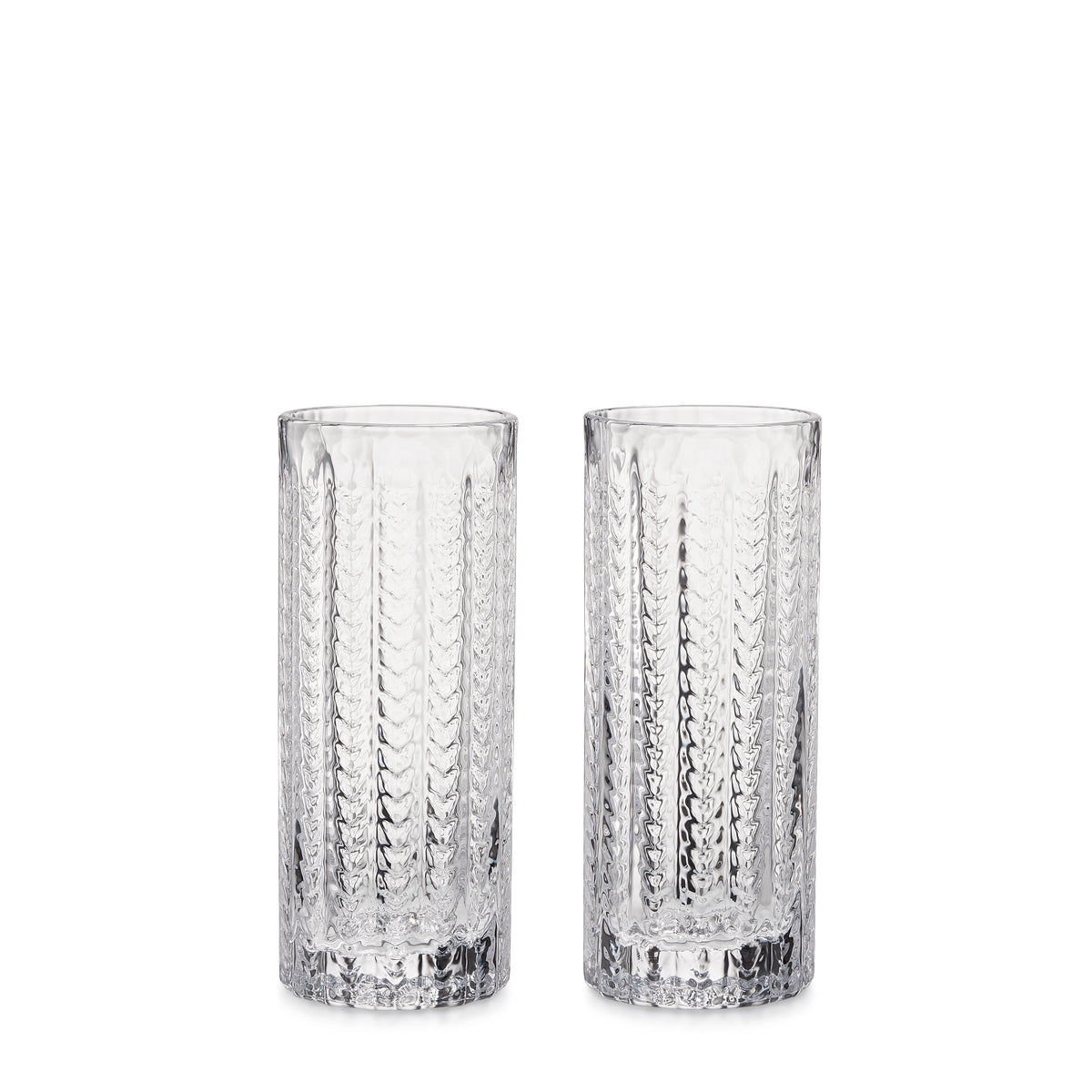 Two clear Collins glasses with vertical textured pattern and heavy base.