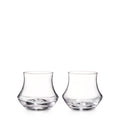 Two clear stemless wine glasses with curved sides and textured bases, shown against a white background.
