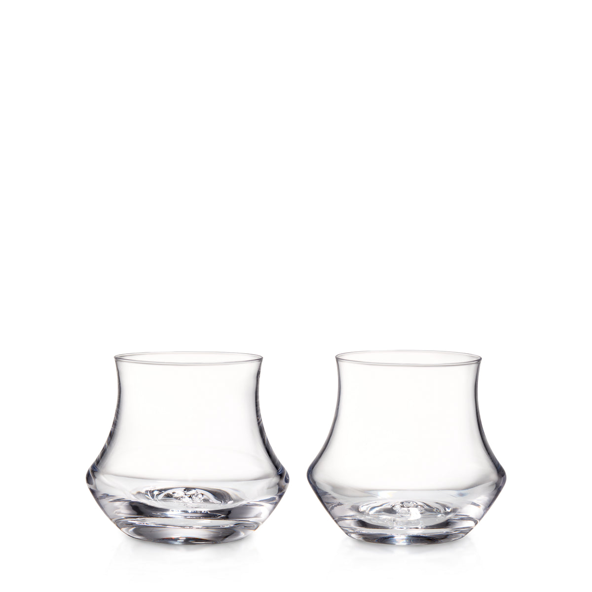 Two clear stemless wine glasses with curved sides and textured bases, shown against a white background.