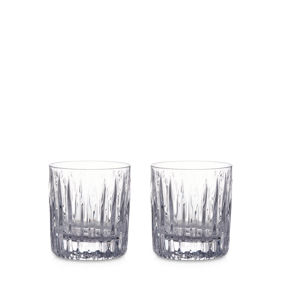 Two clear crystal double old-fashioned glasses with vertical cut pattern design.