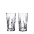 Two clear highball glasses with vertical ribbed texture pattern.