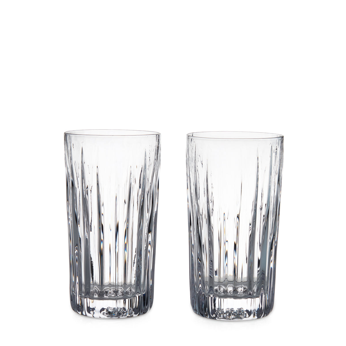 Two clear highball glasses with vertical ribbed texture pattern.