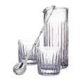 Crystal mixing pitcher with two matching glasses and long-handled stainless steel bar spoon with decorative handle.
