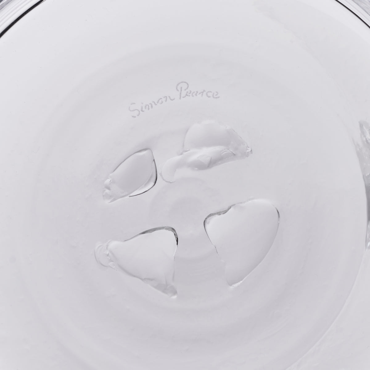 White ice bucket with shell-shaped handles and Simon Pearce maker's mark on lid.