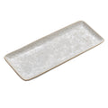 Small rectangular platter with cream-colored rim and embossed floral pattern on frosted white surface.