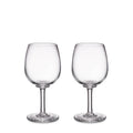 Two clear glass wine glasses with rounded bowls and stemmed bases.