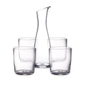 Clear glass carafe with curved pouring spout surrounded by four matching drinking glasses.