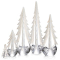Set of six frosted glass evergreen trees with snow-textured branches and clear bases in varying heights.