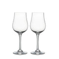 Two clear tulip-shaped wine glasses with thin stems and rounded bases on white background.