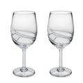 Two clear wine glasses with curved etched design on bowl and stem.