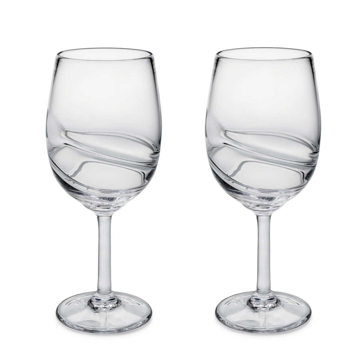 Two clear wine glasses with curved etched design on bowl and stem.