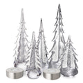 Set of five silver-toned decorative trees in varying heights with tiered branches and metallic finishes, including two with r