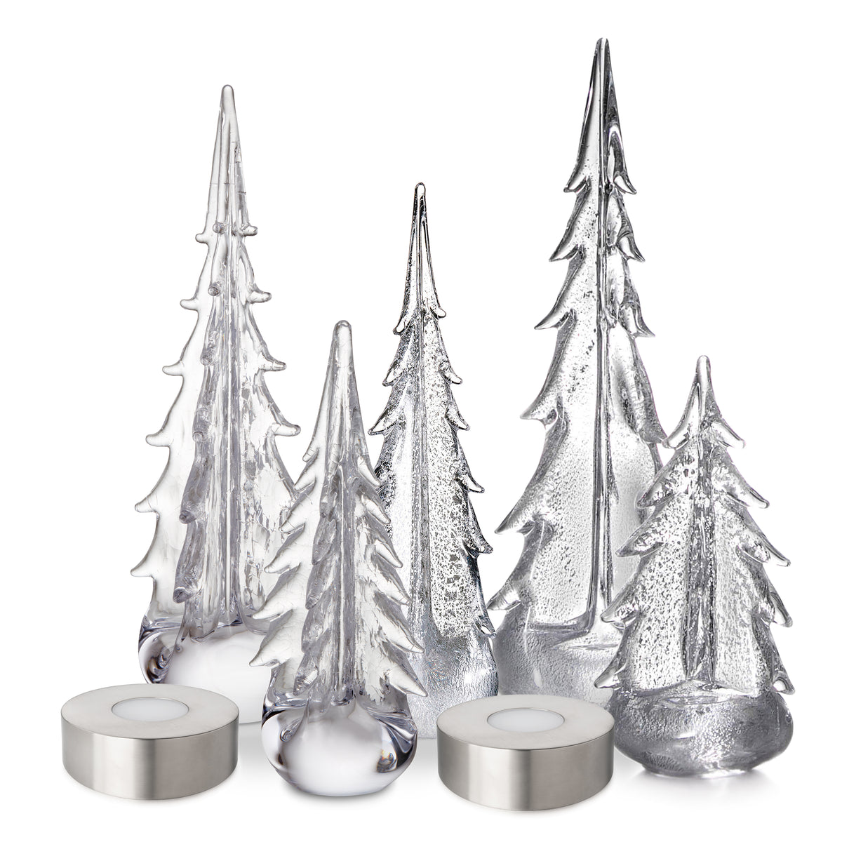 Set of five silver-toned decorative trees in varying heights with tiered branches and metallic finishes, including two with r