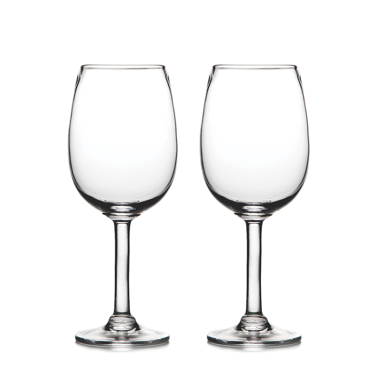 Two clear wine glasses with stemmed bases and rounded bowls.