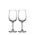 Two clear wine glasses with stem bases on white background.