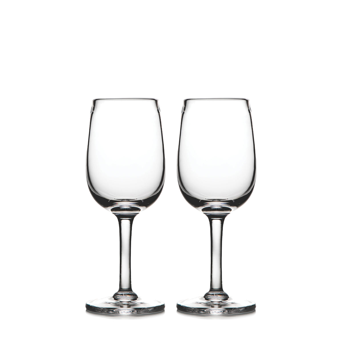 Two clear wine glasses with stem bases on white background.