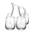 Clear glass pitcher with handle and four matching drinking glasses arranged on white background.