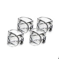 Four clear glass napkin rings with leaf-etched design arranged in two rows.