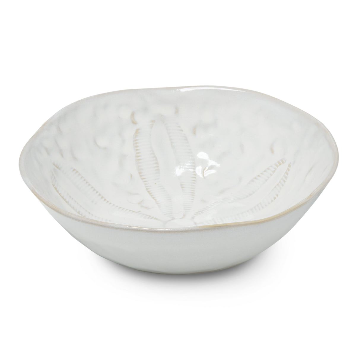 White ceramic pasta bowl with embossed sand dollar pattern and beige rim detail.
