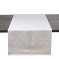 White and natural linen table runner with geometric pattern, 60 inches long, displayed on dark table.