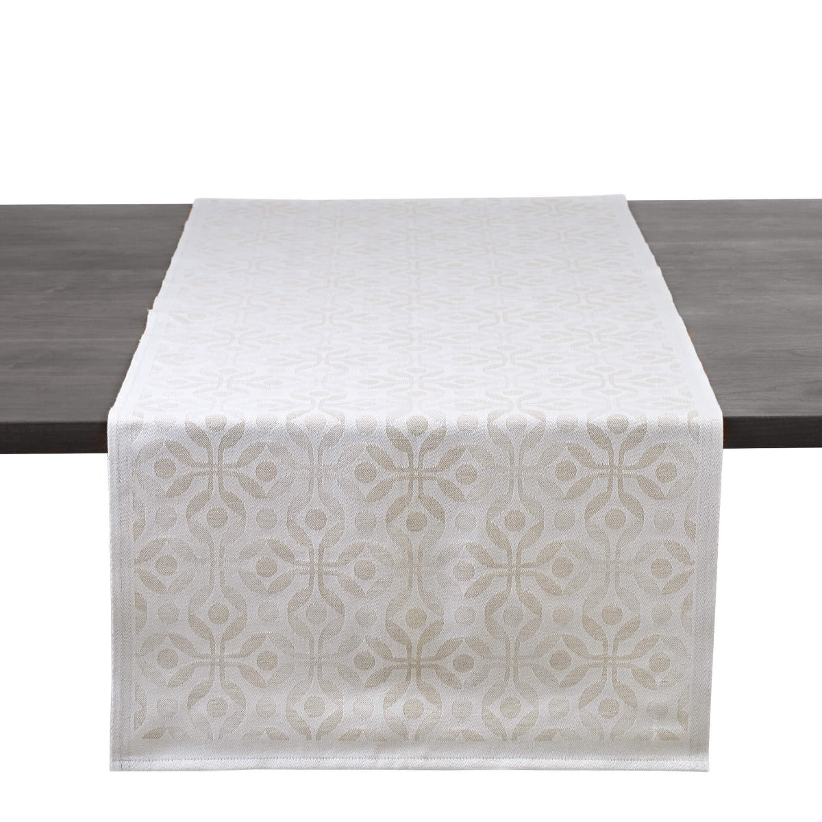 White and natural linen table runner with geometric pattern, 60 inches long, displayed on dark table.