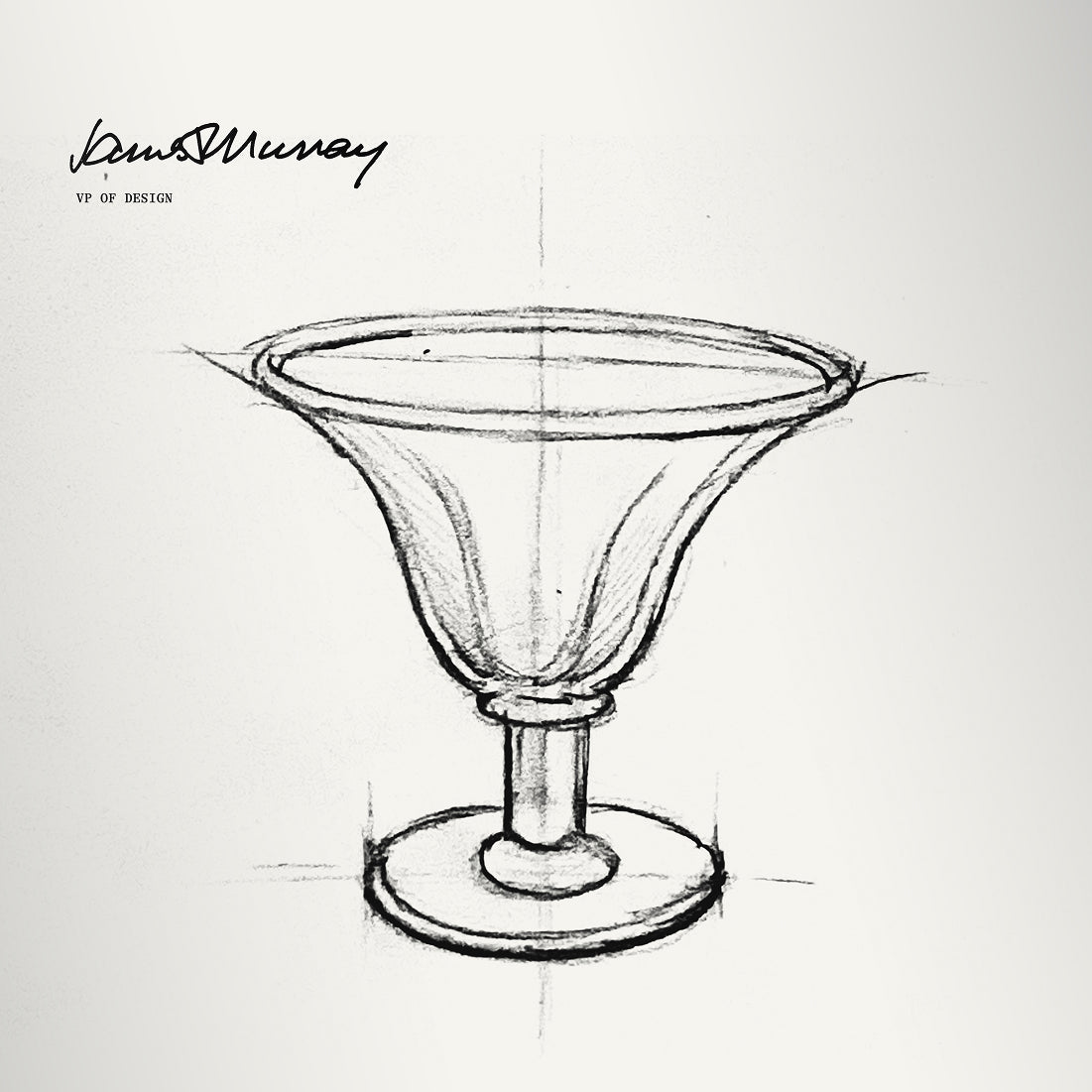 Hand-drawn sketch of a pedestal dessert bowl with wide rim and footed base, labeled "Donna Murray VP of Design."