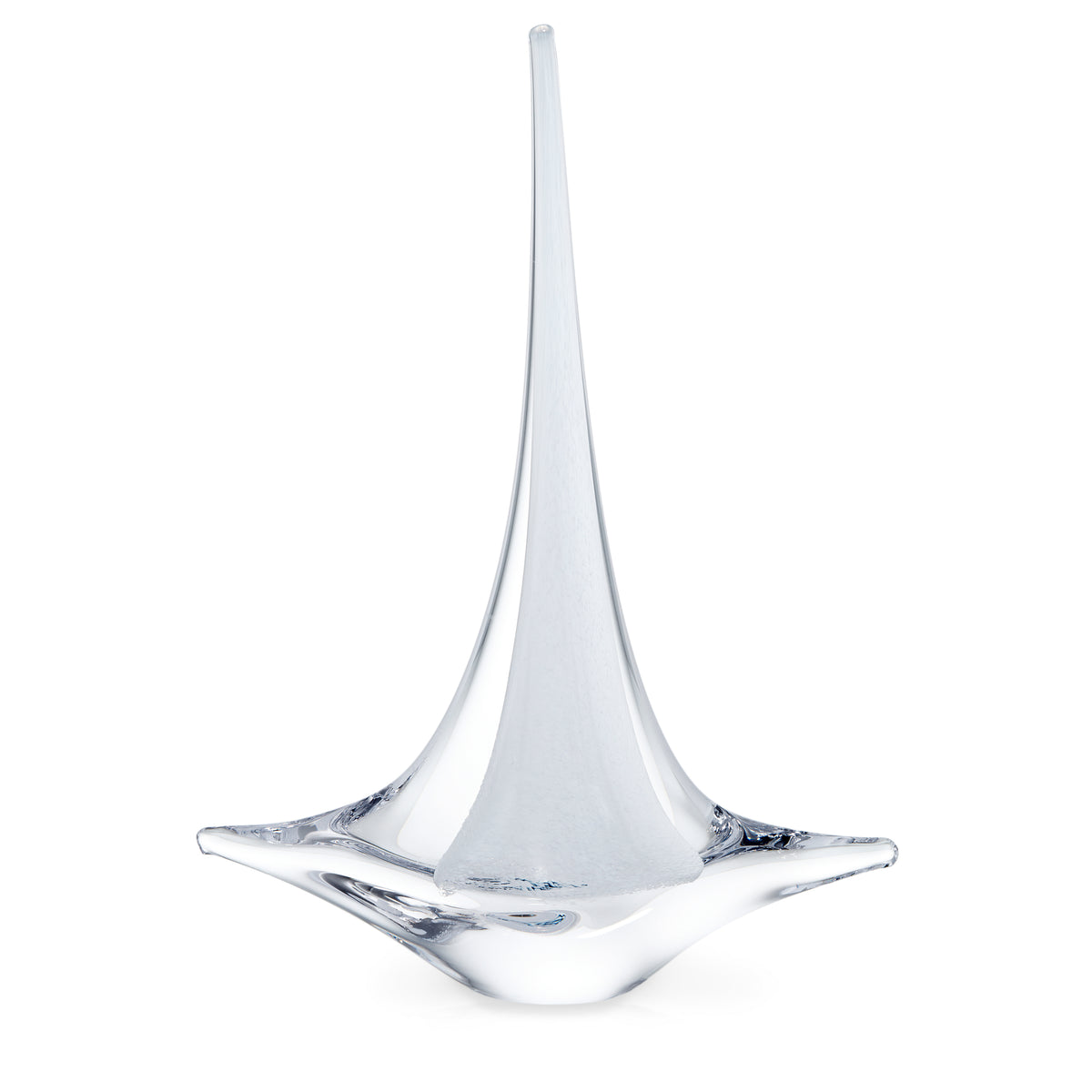 White glass sailboat figurine with tall pointed mast and curved hull base.
