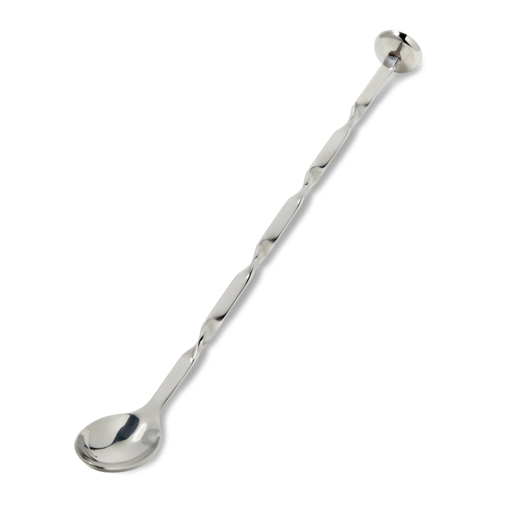 Stainless steel stirring spoon with long handle, round bowl end, and decorative knot detail on shaft.