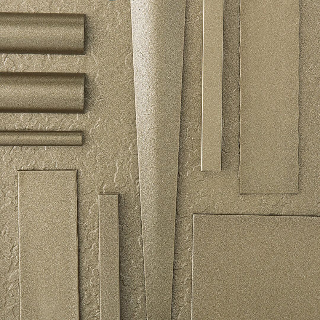Beige textured wallpaper with layered geometric patterns and cylindrical relief elements.