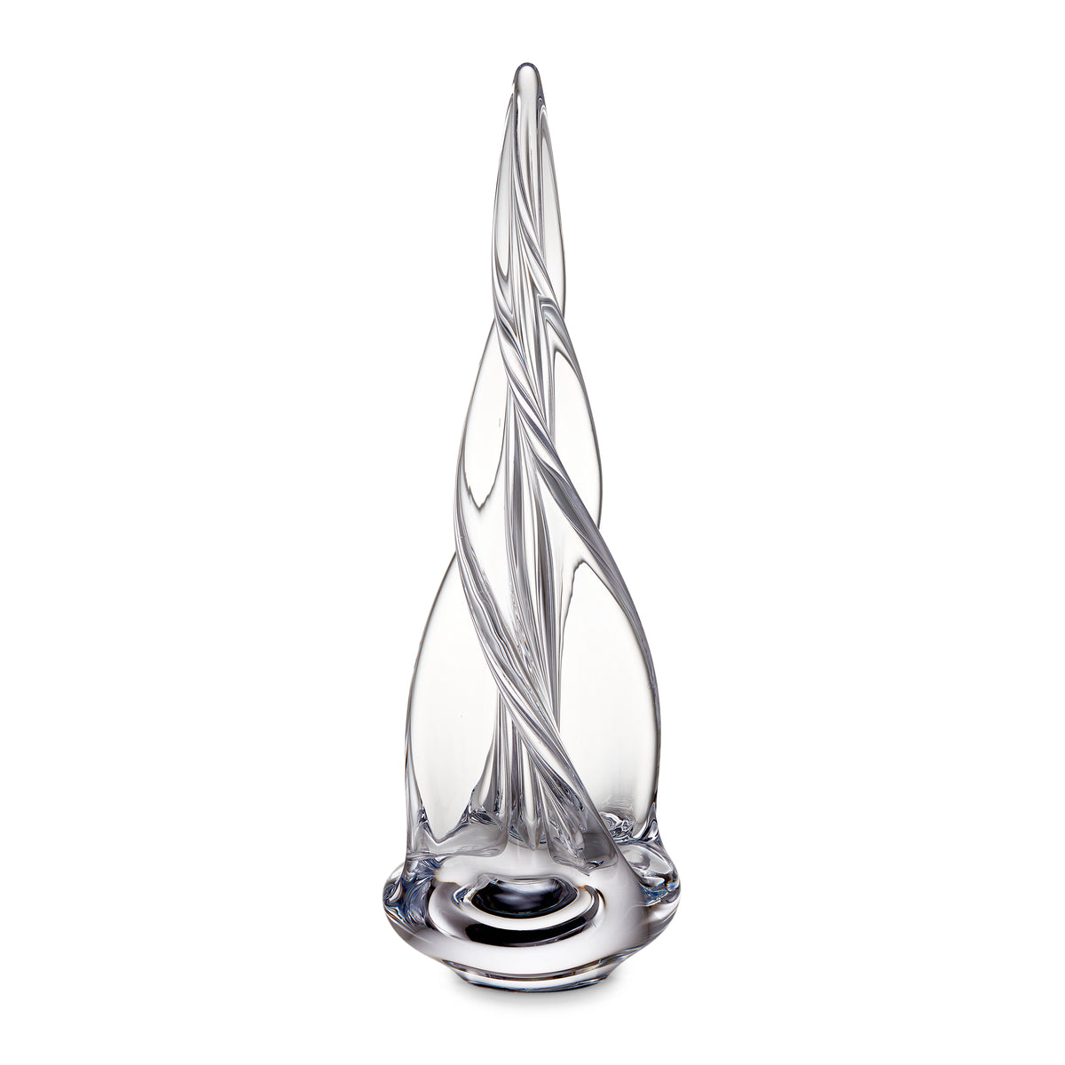 Clear glass spiral tree sculpture with four-sided twisted design and rounded base.