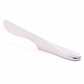 Stainless steel butter knife with curved silver blade and handle on white background.
