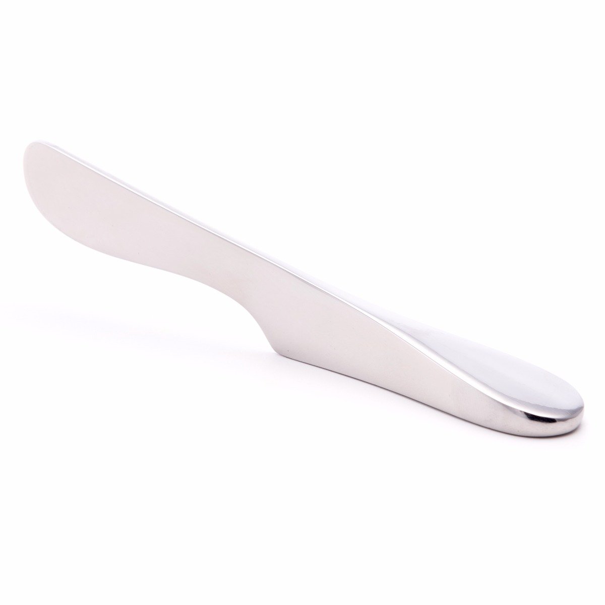 Stainless steel butter knife with curved silver blade and handle on white background.